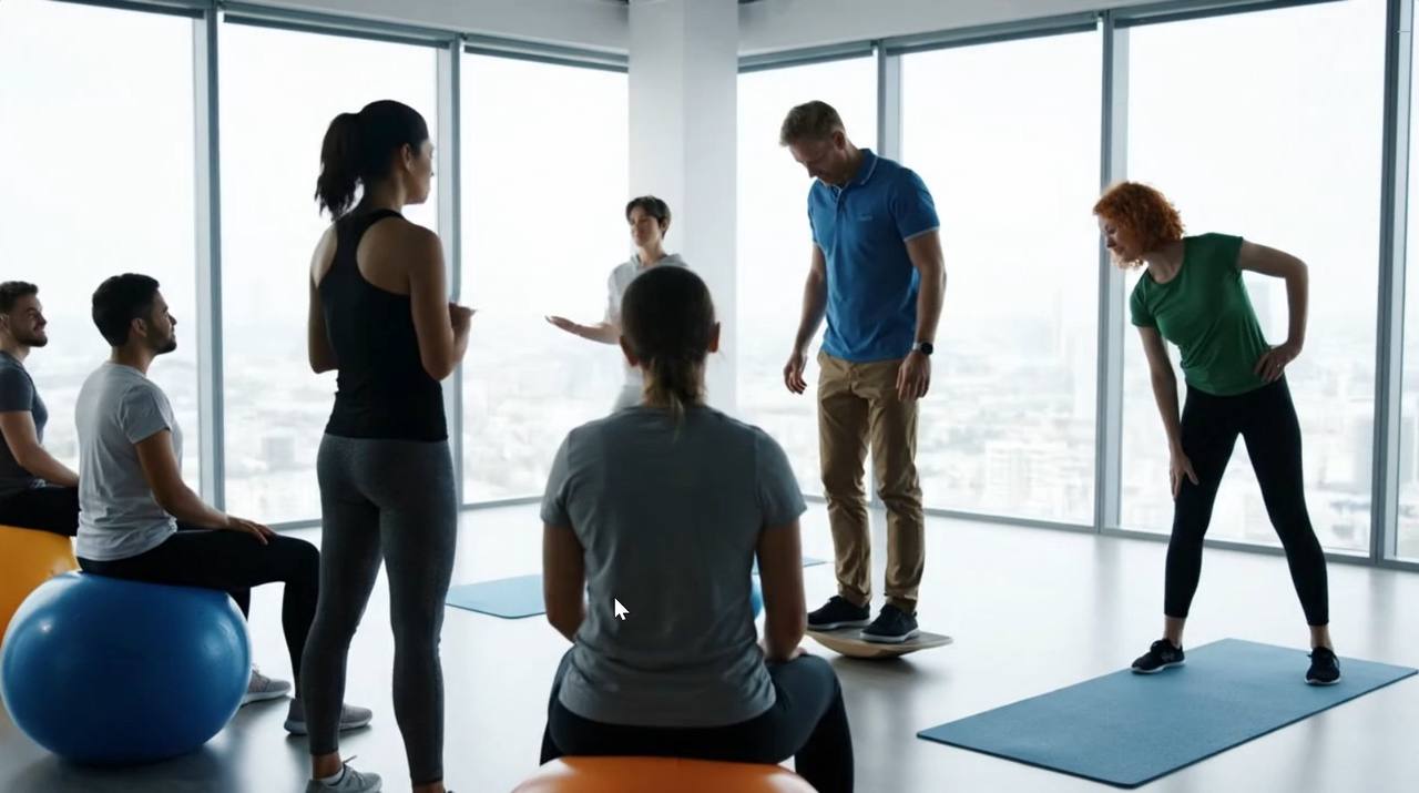 Team bei Bewegungsübungen mit Balance-Board und Gymnastikbällen im Büro